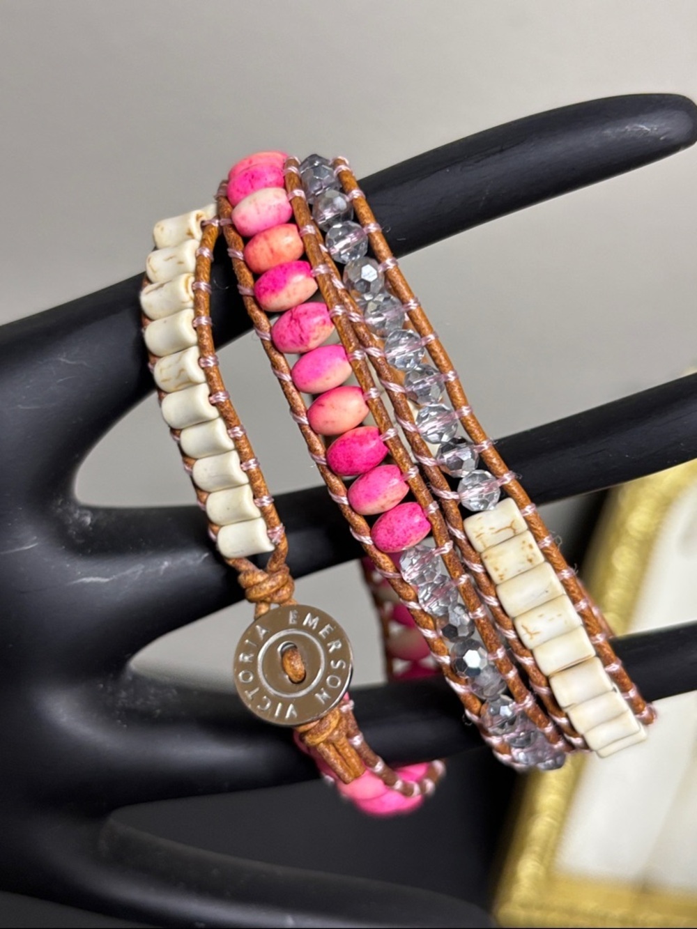 Victoria Emerson Pink Cream Stone Leather Beaded Wrap Bracelet Sparkling Accents